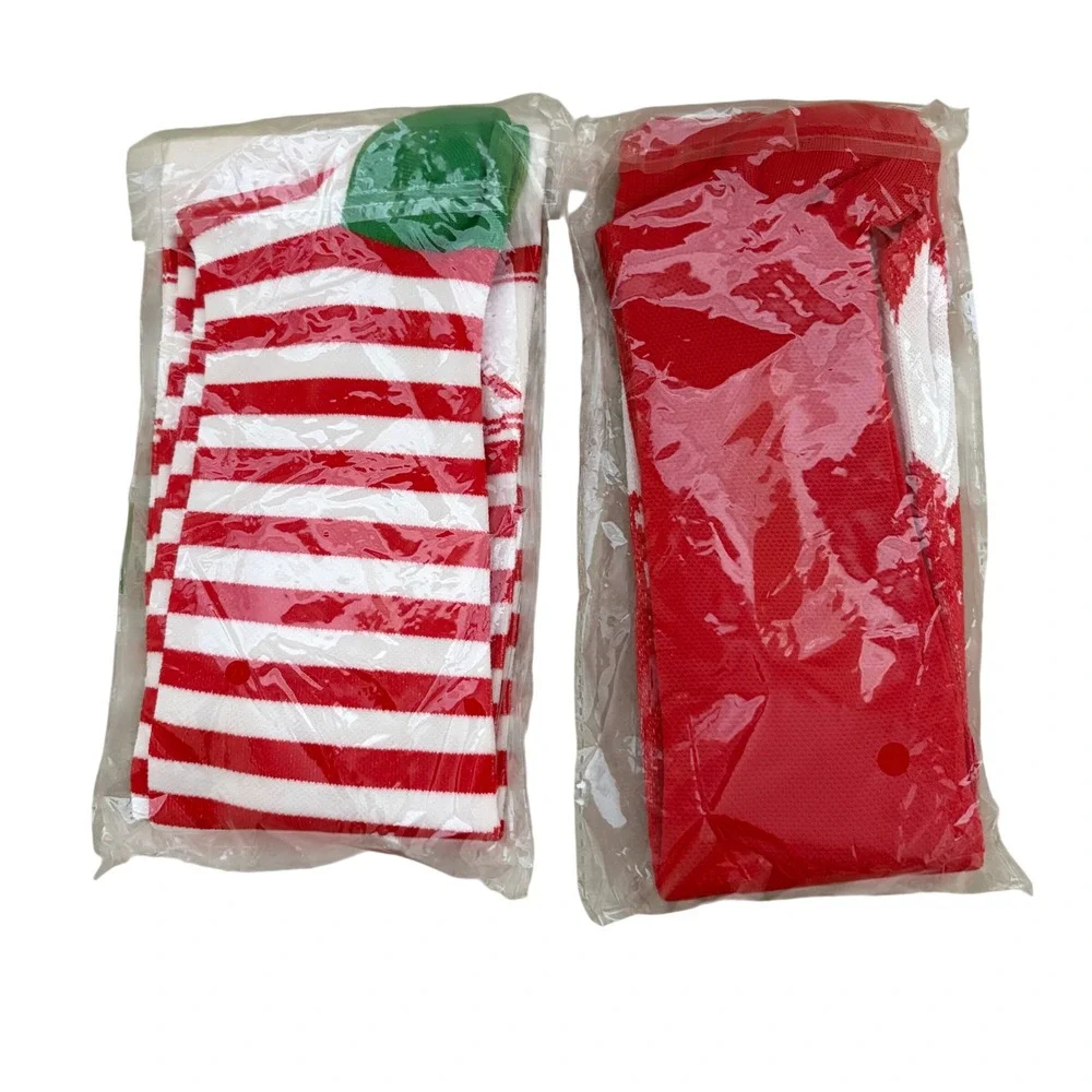 Set of 2 Christmas Holiday Socks Santa Claus Reindeer Striped Red White L/XL